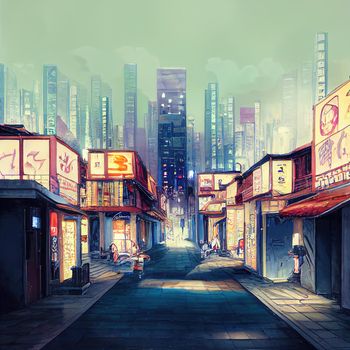 night time anime style city street with a lot of shops. High quality 3d illustration