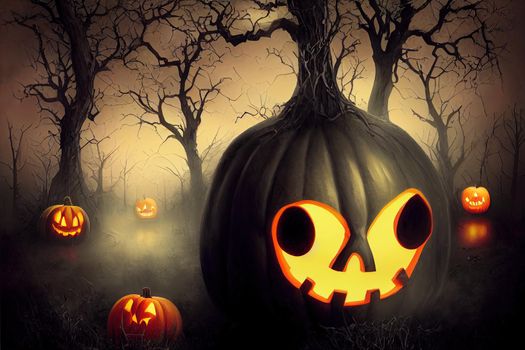 abstract black big halloween pumpkin in scary dark forest. High quality 3d illustration