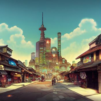 futuristic anime style city. High quality 3d illustration