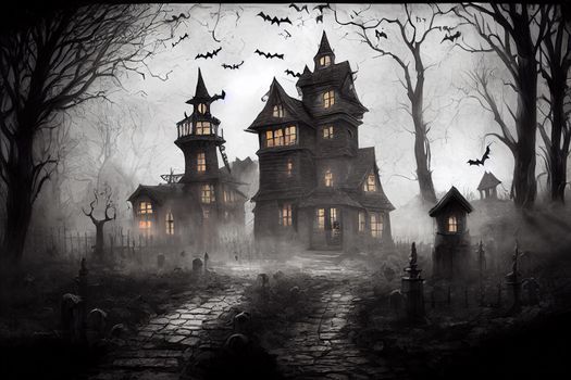 dark halloween castle with flying bats in foggy town. High quality 3d illustration