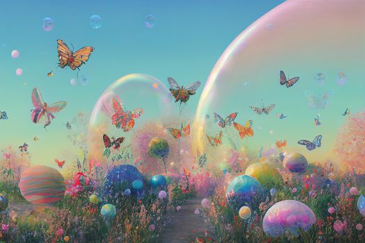painted butterflies in abstract forest. High quality 3d illustration