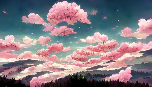 anime style forest with nice clouds and pink sky. High quality illustration