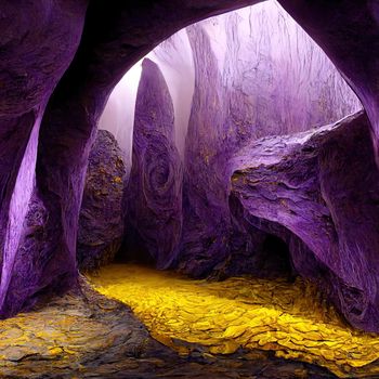 3D Rendered Cave with Yellow and Purple Undulating Forms. High quality 3d illustration