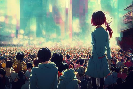 crowds in concert or music festival with a lot of lights, anime style. High quality 3d illustration