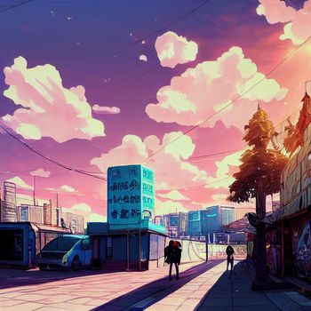 anime style city street. High quality 3d illustration