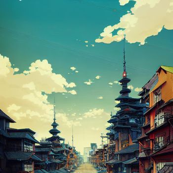 anime style street with japenese style buildings. High quality 3d illustration