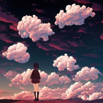 anime evening clouds in front of anime girl. High quality 3d illustration