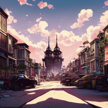 anime style abandoned vehicles in abandoned street. High quality 3d illustration