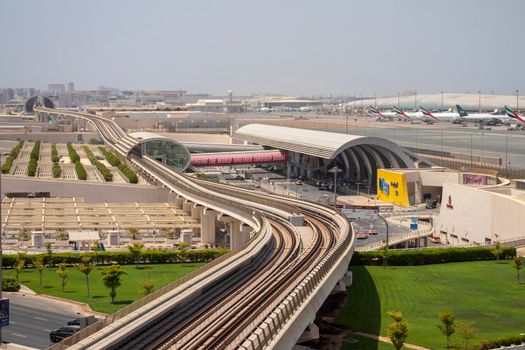 View of a Dubai international Airport, terminal 3. Terminal 3 metro station. Airport road. UAE. Outdoor