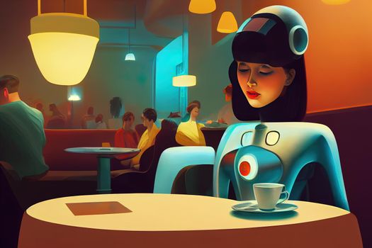 beautiful female robot sitting in a coffee shop, cartoon, atompunk, soft lighting. High quality illustration