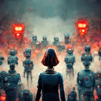 Angry Rebel Women Unique Leader Figure Individuality Dystopian Crowd of People 3d illustration render. High quality 3d illustration