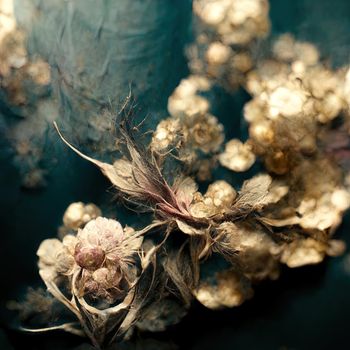 Abstract metallic bouquet in grungy textures with cinematic lighting. High quality 3d illustration