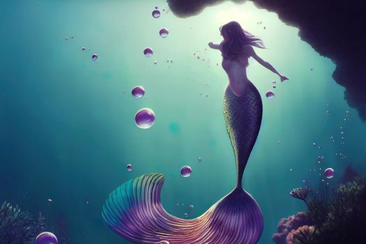 Beautiful mermaid , swimming underwater with fishes and reflective water. High quality illustration