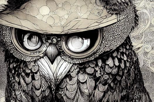 Illustration Line Art Stipple comic of Abstract Owl. High quality 3d illustration