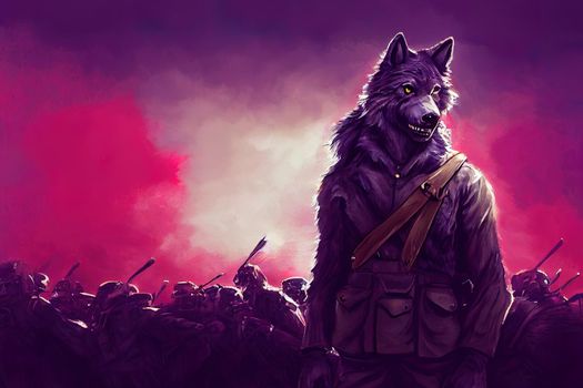 the werewolf wearing ww1 army uniforms, red purple and white colors, full Body portrait, character concept