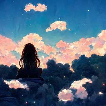 alone anime girl watching sky. High quality illustration
