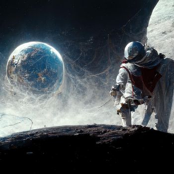 Astronaut, spacewalk on the Moon surface watching planet Earth from space. High quality 3d illustration