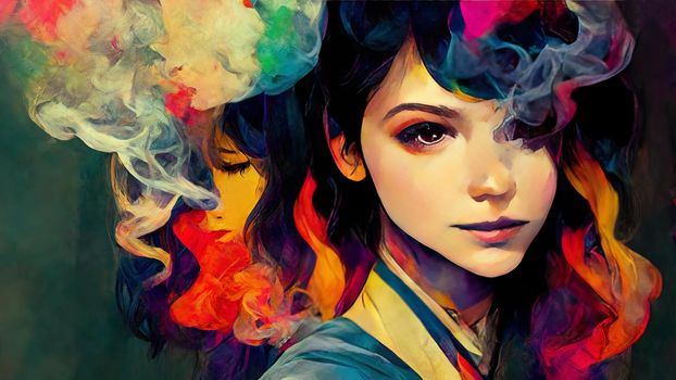 portrait of the beautiful girl in colorful smoke with anime style. High quality illustration