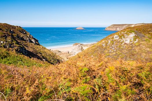 Landscape of the Brittany coast in the Cape Frehel region with its beaches, rocks and cliffs in summer.