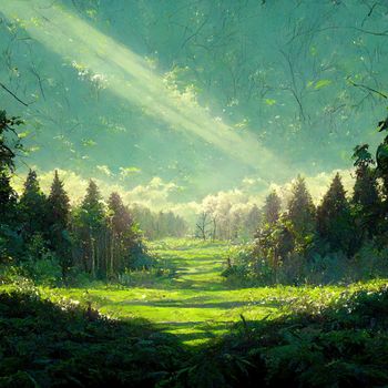 Light and forest - Afternoon , anime style, a lot of green grass. High quality illustration