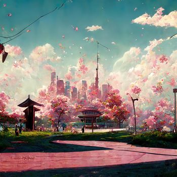 An Anime Peaceful Cityscape in the summer. High quality 3d illustration