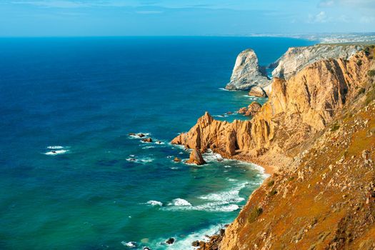 Atlantic ocean view with cliff. View of Atlantic Coast at Portugal, Cabo da Roca. Summer day. Seaside. Coastline. Beautiful landscape