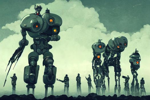 cyborg android male robots army with gun in hands high camera angle. High quality illustration