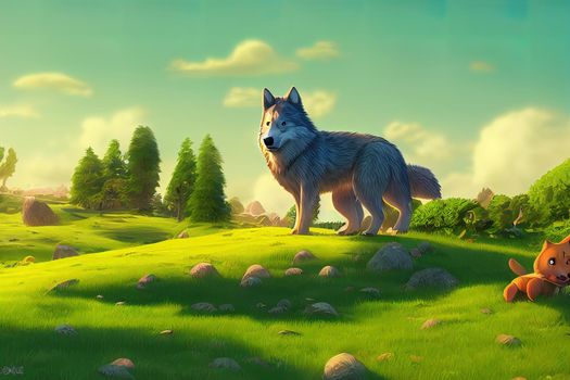 cute and adorable Wolf on a green hill. High quality illustration