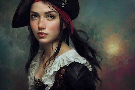 painterly portrait of a beautiful pirate girl. High quality illustration