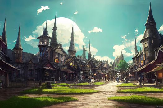 Street view of a wizard's academy, in a fantasy city. High quality illustration