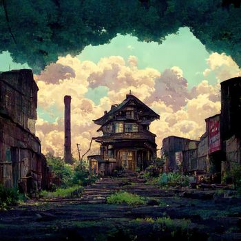 abandoned town 2d anime style. High quality illustration