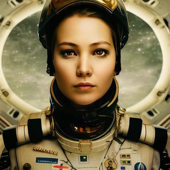 3d rendered photorealistic photography of female commander wearing futuristic spacesuit made of ceramic golden macro plates