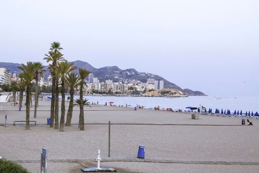 Benidorm, Alicante, Spain- September 11, 2022: Poniente beach with its beautiful promenade with access to the beach and viewpoint with modern design