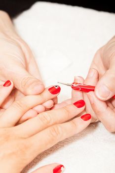 The esthetician decorates with flowers the nails of the hands of the client