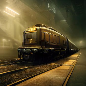 Beautiful Black Futuristic Locomotive with golden details, Modern Minimalistic, epic atmosphere