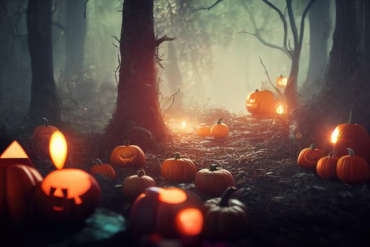 Scary Halloween pumpkins in fairy forest. High quality 3d illustration