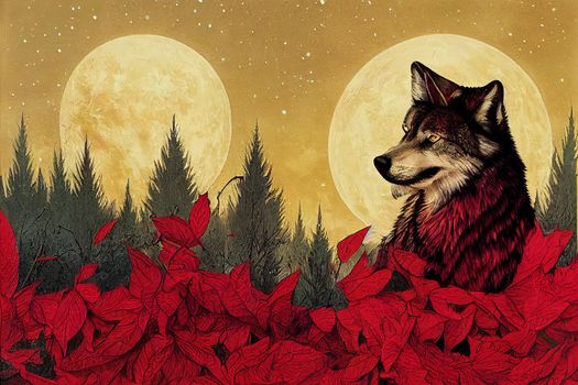 a wolf, as a tarot card, colors red and gold. High quality 2d illustration