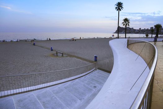 Benidorm, Alicante, Spain- September 11, 2022: Poniente beach with its beautiful promenade with access to the beach and viewpoint with modern design