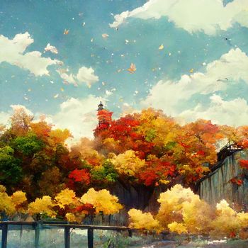 anime autumn scenery with falling leaves in day time paint. High quality illustration