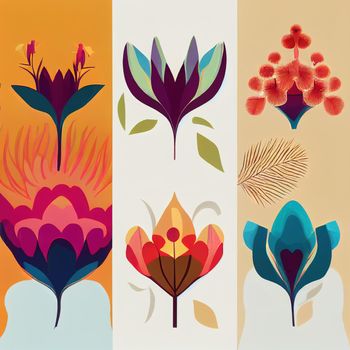 Abstract flower posters set. Trendy botanical wall arts with wild floral plants, leaf in hippie style. Modern naive groovy funky interior decorations, paintings. Colorful flat illustrations