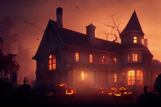 Scary haunted house with halloween pumpkins. High quality 3d illustration