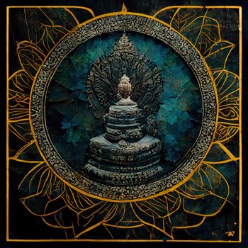 Ancient Buddha mandala with textured and grunge painted overlays for a modern contemporary style. High quality 3d illustration
