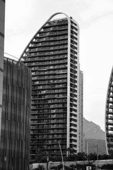 Benidorm, Alicante, Spain- September 11, 2022: Modern architecture buildings called Sunset Waves in the Poniente Beach Area in Benidorm