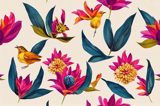 Collage style pattern design. Hand-sketched bird on dahlia flower. Trendy background with botanical, geometric shapes, and abstract element