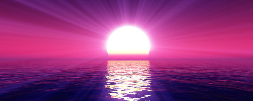 sunset sea sun ray clear sky, 3d rendering illustration