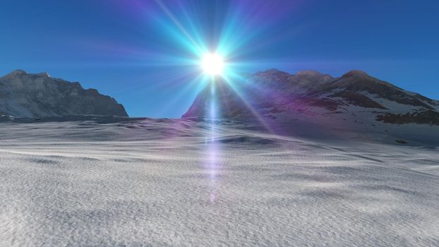 mountain snow sun ray illustration, 3d rendering