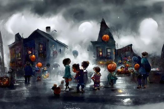 kids playing on night halloween street, american neighborhood background, neural network generated art. Digitally generated image. Not based on any actual scene or pattern.