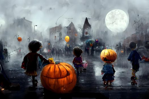 kids playing on night halloween street, american neighborhood background, neural network generated art. Digitally generated image. Not based on any actual scene or pattern.