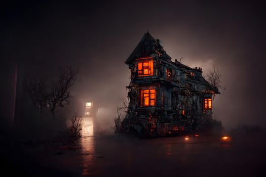 dark haunted house with illuminated windows at spooky misty dark halloween night, neural network generated art. Digitally generated image. Not based on any actual scene or pattern.