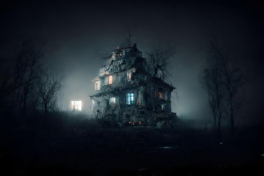 dark haunted house with illuminated windows at spooky misty dark halloween night, neural network generated art. Digitally generated image. Not based on any actual scene or pattern.
